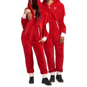 Tipsy Elves Red Sherpa Jumpsuit Hooded Onesie Pajamas‎ Large NEW